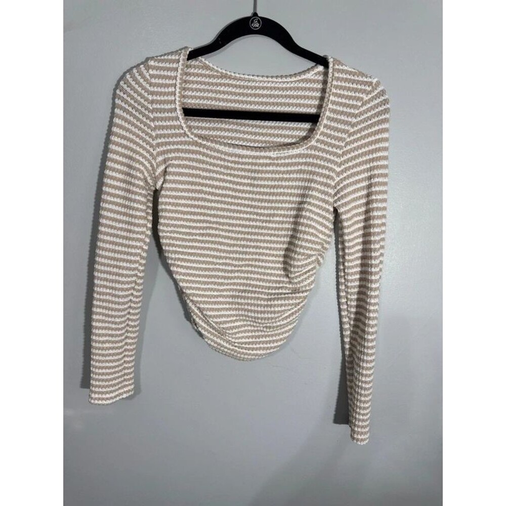 SHEIN Beige White Striped Textured Ruched Long Sleeve Crop Top